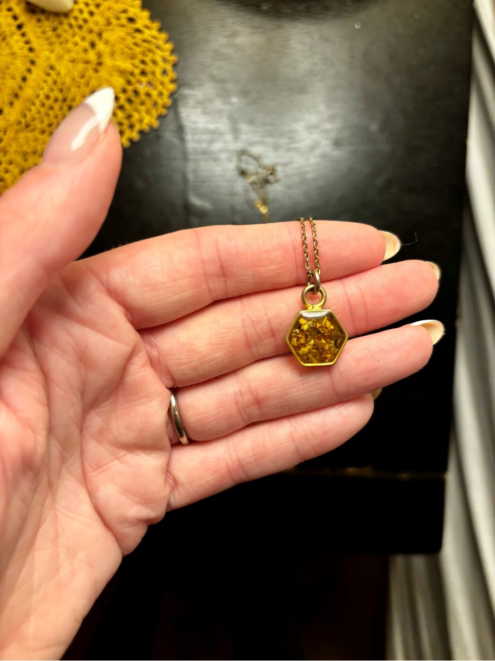 Gold Hexagon Crushed Tigers Eye Pendant Necklace - Women Jewelry
